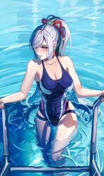Rule 34 | 1girl, alternate costume, alternate hairstyle, bare arms, bare shoulders, blue one-piece swimsuit, blush, breasts, cleavage, collarbone, competition swimsuit, covered navel, earrings, genshin impact, grey eyes, grey hair, high ponytail, holding, jewelry, large breasts, long hair, looking to the side, one-piece swimsuit, parted lips, ponytail, pool, pool ladder, rasipan, shenhe (genshin impact), sidelocks, smile, solo, swept bangs, swimsuit, tassel, tassel earrings, thighs, wading, water, wet