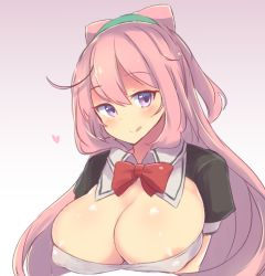Rule 34 | 10s, 1girl, :q, ahoge, areola slip, bad id, bad pixiv id, blush, bow, bowtie, breasts, cleavage, hacka doll, hacka doll 2, hairband, heart, large breasts, long hair, looking at viewer, nitro (mugityaoisii), pink hair, puffy short sleeves, puffy sleeves, purple eyes, red bow, red bowtie, short sleeves, solo, tongue, tongue out, upper body