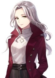 Rule 34 | 1girl, absurdres, belt, belt buckle, black belt, black skirt, buckle, carmilla (fate), carmilla (traveling outfit) (fate), closed mouth, coat, commentary request, derori, earrings, fate/grand order, fate (series), forehead, hand in pocket, highres, jewelry, light smile, long hair, open clothes, open coat, parted bangs, red coat, silver hair, simple background, skirt, solo, sweater, turtleneck, turtleneck sweater, very long hair, white background, white sweater, yellow eyes
