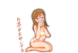 Rule 34 | 1girl, artist name, artist request, bare legs, bare shoulders, barefoot, bikini, blush, breasts, brown eyes, brown hair, check translation, cleavage, collarbone, commentary request, cup, closed eyes, feet, female focus, full body, glasses, hair between eyes, holding, holding cup, kunikida hanamaru, light brown hair, long hair, looking at viewer, love live!, love live! sunshine!!, parted lips, sitting, small breasts, smile, solo, swimsuit, translated, translation request, white background, white bikini, yellow eyes