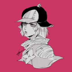 Rule 34 | 1girl, artist name, brooch, greyscale, greyscale with colored background, hat, highres, hot pants (sbr), jewelry, jojo no kimyou na bouken, kogatarou, monochrome, parted lips, pink background, short hair, signature, simple background, solo, steel ball run, turtleneck, upper body
