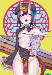 Rule 34 | 1girl, absurdres, bob cut, braid, breasts, chinese clothes, commentary request, fangs, fate/grand order, fate (series), fingernails, frilled sleeves, frills, hat, highres, horns, jiangshi, medium breasts, nail polish, navel, no panties, ofuda, oni, open clothes, pale skin, purple eyes, purple hair, qingdai guanmao, revealing clothes, sharp teeth, shiny skin, short eyebrows, short hair, shuten douji (fate), shuten douji (festival outfit) (fate), skin-covered horns, solo, standing, teeth, trap (drthumt)