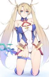 Rule 34 | 1girl, bare shoulders, blonde hair, blue background, blue eyes, bradamante (fate), bradamante (first ascension) (fate), braid, breasts, cleavage, collar, commentary request, covered navel, elbow gloves, enosan, fate/grand order, fate (series), french braid, gloves, gradient background, highres, kneeling, leotard, long hair, looking at viewer, smile, solo, thigh strap, twintails, very long hair, weapon, white background