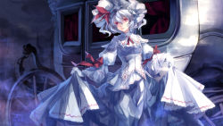 Rule 34 | 1girl, ascot, blue hair, carriage, curtsey, dress, gloves, hat, highres, looking at viewer, red eyes, remilia scarlet, revision, short hair, skade, solo, touhou, white gloves, wings