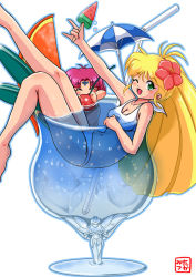 Rule 34 | 1990s (style), 2girls, :p, ;d, ^ ^, ahoge, barefoot, bikini, blonde hair, breasts, cherry, cleavage, closed eyes, cocktail umbrella, cup, drink, drinking straw, eating, facial mark, flower, food, fruit, full body, ginga ojou-sama densetsu yuna, glass, green eyes, hair flower, hair ornament, happy, hibiscus, in container, in cup, kagurazaka yuna, leg up, long hair, looking at viewer, medium breasts, mini person, minigirl, multiple girls, oborogumo takamitsu, one eye closed, open mouth, orange (fruit), orange slice, popsicle, red hair, retro artstyle, short hair, signature, simple background, smile, swimsuit, tongue, tongue out, umbrella, watermelon, watermelon bar, white background, white bikini, wink, yuri cube