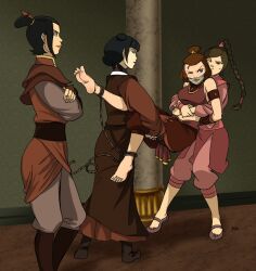 Rule 34 | 4girls, arms behind back, asian, avatar: the last airbender, avatar legends, azula, barefoot, black hair, bound ankles, breasts, brown hair, cloth gag, gag, gagged, improvised gag, lost one zero, mai (avatar), medium breasts, multiple girls, navel, over the mouth gag, struggling, suki (avatar), ty lee