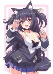 Rule 34 | 1girl, :d, animal ears, black hair, blue skirt, breasts, cleavage, collarbone, commentary request, copyright request, fingernails, fuusuke (fusuke208), green ribbon, hair ribbon, highres, long hair, looking at viewer, medium breasts, nail polish, off shoulder, open mouth, paw pose, purple eyes, ribbon, skirt, smile, solo, tail, twitter username, two side up, virtual youtuber