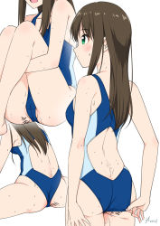 Rule 34 | 1girl, :d, adjusting clothes, adjusting swimsuit, arm at side, ass, back, back cutout, bare arms, bare legs, bare shoulders, blue one-piece swimsuit, blush, body writing, breasts, brown hair, butt crack, cameltoe, cleft of venus, closed mouth, clothing cutout, competition swimsuit, female focus, green eyes, highres, idolmaster, idolmaster cinderella girls, jakelian, knees up, long hair, multiple views, one-piece swimsuit, open mouth, shibuya rin, sidelocks, signature, simple background, sitting, small breasts, smile, split, spread legs, swimsuit, tally, wet, white background