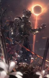 Rule 34 | 1other, ambiguous gender, armor, bad id, bad twitter id, belt, black pants, blurry, blurry foreground, clenched hand, commentary, copyright name, dagger, dark, dark souls (series), dark souls iii, eclipse, embers, english commentary, field, flaming sword, flaming weapon, flower, flower field, full armor, full body, gauntlets, greaves, helmet, highres, holding, holding sword, holding weapon, holstered, knife, leg armor, looking away, mono (jdaj), moon, outstretched arm, pants, pauldrons, planted, planted sword, planted weapon, shoulder armor, solo, soul of cinder, sun, surcoat, sword, vambraces, weapon