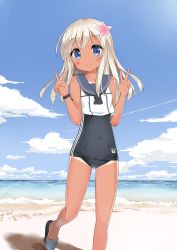 Rule 34 | 10s, 1girl, bad id, bad pixiv id, bare legs, bare shoulders, beach, blue eyes, blue sky, blush, cloud, contrail, covered navel, crop top, day, double v, flower, hair flower, hair ornament, kantai collection, long hair, looking at viewer, neckerchief, ocean, one-piece swimsuit, outdoors, ro-500 (kancolle), sailor collar, school swimsuit, sedona, silver hair, sky, slippers, smile, solo, swimsuit, swimsuit under clothes, tan, tanline, v