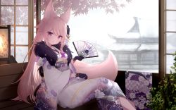 Rule 34 | 1girl, animal ears, breasts, character request, copyright request, feet out of frame, fox ears, fox tail, gloves, guo582, hair ornament, hand fan, highres, holding, holding fan, japanese clothes, kimono, long hair, long sleeves, looking at viewer, pink hair, purple eyes, sitting, tail