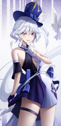 Rule 34 | 1girl, absurdres, blue eyes, blue hair, dress, furina (genshin impact), genshin impact, gloves, highres, light blue hair, long hair, looking at viewer, open mouth, smile, solo, winterlime12