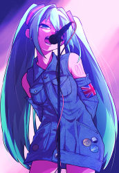 Rule 34 | 1girl, absurdres, arms behind back, bare shoulders, blue eyes, blue hair, breast pocket, breasts, buttons, commentary, cowboy shot, denim, denim dress, detached sleeves, dress, english commentary, expressionless, eyelashes, eyes visible through hair, flag, hair between eyes, half-closed eyes, hatsune miku, highres, huge filesize, jipponwazaari, light particles, long hair, looking away, microphone, microphone stand, multicolored hair, music, number tattoo, open mouth, pin, pocket, shoulder tattoo, singing, small breasts, solo, stage lights, tattoo, teeth, thighs, twintails, union jack, very long hair, vocaloid