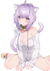 Rule 34 | 1girl, :3, ahoge, animal ear fluff, animal ears, bare legs, black collar, black panties, blush, breasts, cat ears, cat girl, cat tail, cleavage, closed mouth, cococo moru, collar, collared shirt, commentary, dress shirt, fang, full body, hair intakes, highres, hololive, light purple hair, looking at viewer, medium breasts, medium hair, mouth hold, nekomata okayu, nekomata okayu (oversized shirt), no bra, no pants, off shoulder, official alternate costume, onigirya (nekomata okayu), panties, panty peek, partially unbuttoned, purple eyes, shirt, simple background, single bare shoulder, sitting, slippers, smile, smug, solo, tail, underwear, virtual youtuber, wariza, white background, white shirt, wing collar, yellow footwear