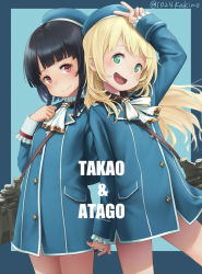 Rule 34 | 2girls, :d, aged down, arm at side, arm behind back, arm up, artist name, atago (kancolle), binoculars, black hair, blazer, blonde hair, blunt bangs, blush, character name, child, commentary, frilled sleeves, frills, green eyes, head tilt, highres, jacket, kakinomai, kantai collection, long hair, long sleeves, looking at viewer, machinery, multiple girls, open mouth, red eyes, short hair with long locks, smile, takao (kancolle), twitter username, v