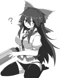 Rule 34 | 1girl, :o, ?, arm cannon, bad id, bad pixiv id, black panties, black thighhighs, blush, bow, breasts, collared shirt, frilled shirt, frills, full body, greyscale, groin, hair bow, highres, large breasts, long hair, looking at viewer, monochrome, navel, no pants, one-hour drawing challenge, panties, puffy short sleeves, puffy sleeves, reiuji utsuho, shirt, short sleeves, solo, sumiya nadateru, thighhighs, third eye, touhou, underwear, weapon, zettai ryouiki