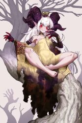 Rule 34 | 1girl, absurdres, bare legs, barefoot, black horns, black nails, black skin, blush, bracer, breasts, claws, colored skin, commentary request, crown, curled horns, demon girl, dress, ekrea jan, facial tattoo, full body, gold choker, highres, horns, in tree, jewelry, long dress, long hair, looking at viewer, loose clothes, mini crown, multicolored skin, no bra, original, pale skin, pointy ears, red eyes, ring, sharp toenails, single strap, sitting, sitting in tree, small breasts, solo, tattoo, toenails, tree, very long hair, white hair, yellow dress