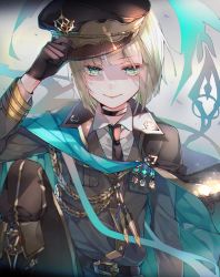 Rule 34 | 1boy, badge, black gloves, blunt bangs, boots, cape, closed mouth, collared shirt, gloves, green eyes, green hair, gretel (sinoalice), hat, jacket, looking at viewer, male focus, mcmcmococo, military, military uniform, multicolored hair, necktie, pants, shirt, short hair, sinoalice, smile, solo, trap, two-tone hair, uniform