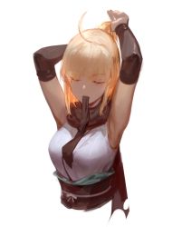 Rule 34 | 1girl, 3four, adjusting hair, armpits, blonde hair, elbow gloves, closed eyes, fate/grand order, fate (series), gloves, mouth hold, okita souji (fate), okita souji (koha-ace), scarf, solo