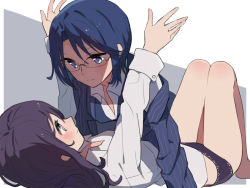 Rule 34 | 2girls, arm support, bare legs, black panties, blue eyes, blue hair, blue jacket, closed mouth, commentary request, couple, eye contact, girl on top, glasses, grey background, imminent hug, jacket, knees up, long hair, long sleeves, looking at another, lying, multiple girls, no pants, on back, original, outstretched arms, panties, pinstripe jacket, pinstripe pattern, purple hair, serious, shirt, short hair, smile, sou (tuhut), two-tone background, underwear, white background, white shirt, yuri