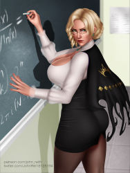 Rule 34 | 1girl, blonde hair, breasts, capelet, chalkboard, cleavage, glynda goodwitch, highres, john reith, large breasts, rwby, teacher