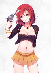 Rule 34 | 10s, 1girl, bandeau, bracelet, breasts, cleavage, collarbone, derivative work, dream trigger, euforia, finger on trigger, gun, gun to head, head tilt, holding, holding gun, holding weapon, jewelry, looking at viewer, love live!, love live! school idol project, navel, nishikino maki, photo-referenced, pile (voice actor), purple eyes, red hair, short hair, skirt, smile, solo, strapless, tube top, voice actor connection, weapon