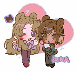 Rule 34 | :3, animal ears, bear ears, bear tail, black gloves, blush, blush stickers, brown hair, brown pants, chibi, chibi only, collared shirt, cup, gloves, heart, highres, holding, holding cup, huyj cl, limbus company, long hair, looking at viewer, open mouth, outis (project moon), pants, pink shirt, project moon, purple pants, rodion (project moon), shirt, shoes, simple background, smile, tail, very long hair, white background