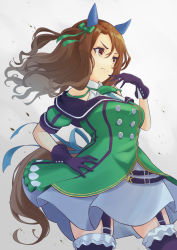 Rule 34 | 1girl, black gloves, black thighhighs, brown hair, closed mouth, collared shirt, commentary, dress, ear covers, frilled thighhighs, frills, frown, garter straps, gloves, green dress, green necktie, hand on own hip, highres, horse girl, king halo (umamusume), long hair, looking to the side, necktie, red eyes, shiromaru illust, shirt, short dress, solo, standing, thighhighs, umamusume, white shirt