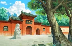 Rule 34 | architecture, blue sky, cloud, cloudy sky, day, east asian architecture, forest, gate, nature, no humans, outdoors, sakasama no niji, scenery, shrine, sign, sky, statue, stone floor, tree, window