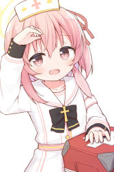 Rule 34 | 1girl, :d, arm up, ayanepuna, black bow, blue archive, bow, commentary request, dress, hair ribbon, halo, hat, highres, long sleeves, looking at viewer, nurse cap, one side up, open mouth, pink eyes, pink hair, puffy long sleeves, puffy sleeves, red ribbon, ribbon, sailor collar, sailor dress, serina (blue archive), simple background, smile, solo, white background, white dress, white sailor collar