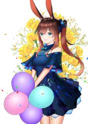 Rule 34 | 1girl, absurdres, amiya (arknights), animal ear fluff, animal ears, arknights, balloon, bare shoulders, blue dress, blue eyes, blue ribbon, breasts, brown hair, clothing request, commentary, cowboy shot, dress, floral print, flower, green ribbon, hair ornament, hair ribbon, highres, holding, holding balloon, jewelry, long hair, medium breasts, meowster, off-shoulder dress, off shoulder, parted lips, rabbit ears, rabbit hair ornament, ribbon, short sleeves, side ponytail, sidelocks, simple background, smile, solo, white background, yellow flower