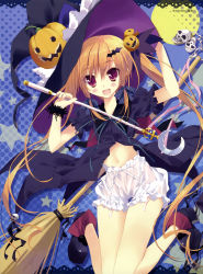 Rule 34 | 1girl, :d, absurdres, bloomers, broom, brown hair, crescent moon, fang, full moon, hat, highres, jack-o&#039;-lantern, moon, open mouth, pumpkin, purple eyes, skull, smile, thigh gap, tsurusaki takahiro, twintails, underwear, wand, witch, witch hat