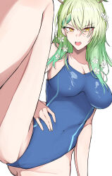Rule 34 | 1girl, antlers, blue one-piece swimsuit, blush, braid, braided bangs, branch, breasts, cameltoe, ceres fauna, cleavage, collarbone, commentary, competition swimsuit, covered navel, english commentary, flower, green hair, groin tendon, hair between eyes, hair flower, hair ornament, highleg, highleg swimsuit, highres, hololive, hololive english, horns, large breasts, long hair, looking at viewer, medium breasts, mole, mole under eye, molen, multicolored hair, one-piece swimsuit, open mouth, sak1 01, sidelocks, simple background, solo, split, spread legs, standing, standing on one leg, standing split, streaked hair, swimsuit, thighs, virtual youtuber, white background, yellow eyes