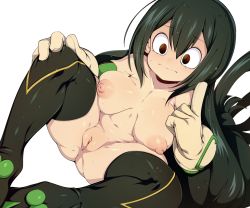 Rule 34 | 1girl, absurdres, asui tsuyu, black hair, black thighhighs, boku no hero academia, breasts, cleft of venus, closed mouth, collarbone, commentary, english commentary, gloves, hair between eyes, highres, index finger raised, large breasts, long hair, navel, nipples, nude, pussy, simple background, sitting, slugbox, solo, sweat, thighhighs, uncensored, white background, white gloves