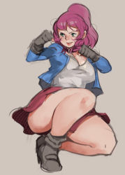 Rule 34 | 1girl, absurdres, blue jacket, breasts, clenched hands, fighting stance, gloves, green eyes, grey background, grey footwear, grey gloves, grey shirt, highres, jacket, large breasts, norasuko, open clothes, open jacket, original, pink hair, ponytail, red skirt, shirt, shoes, simple background, skirt, solo, squatting