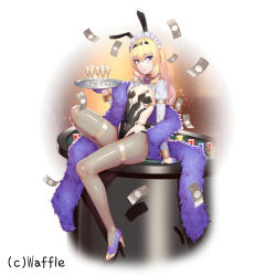 Rule 34 | 1girl, alcohol, animal ears, banknote, black hairband, blonde hair, blue eyes, blush, covered navel, cup, drill hair, drinking glass, eden&#039;s ritter grenze, eden grenze, frills, gloves, hair between eyes, hairband, half gloves, high heels, holding, holding tray, kageshio (276006), long hair, maid headdress, money, multicolored eyes, parted lips, poker chip, poker table, purple eyes, purple footwear, purple gloves, rabbit ears, shiny clothes, sitting, solo, table, thigh strap, tray, wine glass