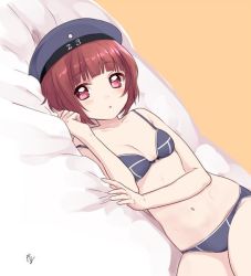 Rule 34 | 10s, 1girl, adapted costume, beret, blue bra, blue panties, blush, bob cut, bra, breasts, brown hair, clothes writing, hat, kantai collection, lying, mirakururu, navel, on side, panties, purple eyes, sailor hat, short hair, small breasts, solo, underwear, underwear only, z3 max schultz (kancolle)