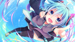 Rule 34 | 1girl, :d, aqua eyes, aqua hair, day, detached sleeves, hatsune miku, highres, kuroi (liar-player), long hair, necktie, open mouth, pointing, sky, smile, solo, thighhighs, twintails, vocaloid