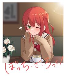 Rule 34 | 1girl, absurdres, blush, bocchi the rock!, bow, brown sweater, closed mouth, coffee, coffee cup, commentary, copyright name, cup, disposable cup, elbows on table, eyelashes, flower, gotoh hitori, green eyes, hair between eyes, hands up, head tilt, highres, indoors, jianshu, kita ikuyo, latte art, leaf, lens flare, long hair, looking at viewer, one eye closed, one side up, picture frame, playing with own hair, red bow, red hair, rose, sailor collar, school uniform, sidelighting, sidelocks, sitting, sleeves past wrists, smile, solo, sparkle, sweater, white flower, white rose, white sailor collar