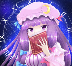Rule 34 | 1girl, blue background, blue bow, blue ribbon, blunt bangs, blush, book, bow, breasts, covered mouth, crescent, crescent pin, dark background, glitter, hair bow, hat, hat ribbon, highres, holding, holding book, long hair, looking at viewer, magic circle, mob cap, open book, patchouli knowledge, purple eyes, purple hair, raised eyebrows, red bow, red ribbon, reijing etrn, ribbon, roman numeral, solo, sparkle, sparkling eyes, touhou, upper body, very long hair