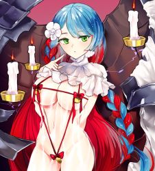 Rule 34 | bad id, bad pixiv id, blue hair, blush, breasts, candle, cleavage, dress, flower, green eyes, hair flower, hair ornament, kamchrome, large breasts, last origin, long hair, multicolored hair, navel, neodym, nightgown, red hair, see-through, see-through dress, slingshot swimsuit, solo, swimsuit, two-tone hair, very long hair