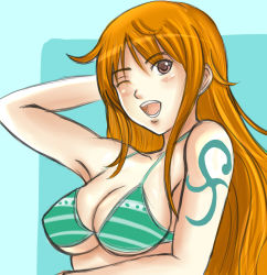 Rule 34 | 1girl, ;), angel pena (angelox), bikini, bikini top only, breasts, brown eyes, cleavage, large breasts, long hair, nami (one piece), one eye closed, one piece, open mouth, orange hair, smile, solo, swimsuit, tattoo, underboob, upper body