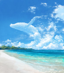 Rule 34 | artist name, beach, blue sky, cloud, cloud focus, day, flying whale, hachiya shohei, highres, no humans, ocean, original, outdoors, photoshop (medium), scenery, sky, whale