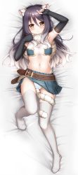 Rule 34 | 1girl, absurdres, animal ear fluff, animal ears, arm up, armpits, bad id, bad pixiv id, bandeau, bare shoulders, bed sheet, belt, black gloves, black hair, blush, breasts, brown belt, capelet, commentary request, crop top, dakimakura (medium), elbow gloves, fingerless gloves, full body, fur capelet, gloves, gradient hair, green panties, green skirt, groin, hair between eyes, highres, kaiba tomoyuki, long hair, looking at viewer, lying, midriff, miniskirt, multicolored hair, navel, on back, panties, princess connect!, shadow, shiori (princess connect!), sidelocks, skindentation, skirt, small breasts, smile, solo, striped tail, tail, thighhighs, tiger ears, tiger tail, underwear, white thighhighs, yellow eyes, zettai ryouiki
