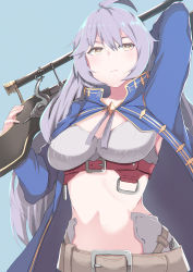 Rule 34 | 10s, 1girl, belt, braid, breasts, cape, cleavage, female focus, granblue fantasy, gun, hair between eyes, johnny funamushi, large breasts, long hair, looking at viewer, midriff, over shoulder, rifle, serious, silva (granblue fantasy), silver hair, sniper rifle, solo, twin braids, very long hair, wavy hair, weapon, weapon over shoulder, yellow eyes