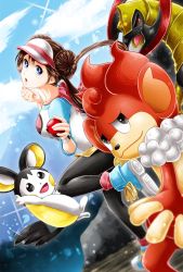 Rule 34 | 1girl, black eyes, black pantyhose, blue eyes, blue footwear, blurry, bow, breasts, brown hair, clenched hand, cloud, collarbone, commentary request, creatures (company), day, double bun, emolga, game freak, gen 5 pokemon, glint, hair bun, haxorus, head tilt, highres, holding, holding poke ball, large breasts, long hair, looking at viewer, looking back, nintendo, open mouth, pantyhose, pantyhose under shorts, petals, pink bow, poke ball, poke ball (basic), poke ball print, pokemon, pokemon (creature), pokemon bw2, raglan sleeves, red eyes, rosa (pokemon), shoes, short shorts, shorts, simisear, sky, sneakers, standing, standing on one leg, twintails, very long hair, visor cap, watch, wristwatch, yellow shorts, yukitsugu create