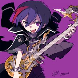 Rule 34 | :d, blue hair, bracelet, character request, commentary request, copyright request, electric guitar, eyes visible through hair, guitar, holding, holding instrument, instrument, jacket, jacket on shoulders, jewelry, looking at viewer, multicolored hair, music, open mouth, playing instrument, purple background, purple eyes, reiesu (reis), short sleeves, signature, simple background, smile, solo, standing, streaked hair