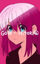 Rule 34 | 1girl, bad id, bad twitter id, black shirt, blue eyes, bocchi the rock!, character name, closed mouth, gotoh hitori, hair between eyes, highres, kerorira, looking at viewer, pink background, pink hair, shirt, short hair, solo, upper body