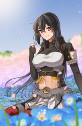 Rule 34 | 1girl, black gloves, black hair, blue flower, blurry, blurry background, blurry foreground, breasts, cherry blossoms, closed mouth, day, flower, gloves, hair between eyes, highres, kantai collection, large breasts, long hair, looking at viewer, machi (ritovoyage), midriff, nagato (kancolle), nagato kai ni (kancolle), navel, outdoors, partially fingerless gloves, petals, pleated skirt, red eyes, red thighhighs, sitting, skirt, sky, solo, tassel, thighhighs, very long hair, white skirt