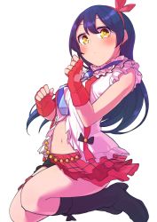 Rule 34 | 1girl, black footwear, blue hair, bokura wa ima no naka de, boots, bridal garter, clothing cutout, commentary request, fingerless gloves, frills, gloves, goe (g-o-e), hair between eyes, heart cutout, highres, jumping, long hair, looking at viewer, love live!, love live! school idol project, navel, necktie, red gloves, red skirt, shirt, simple background, skirt, smile, solo, sonoda umi, striped necktie, striped neckwear, suspender skirt, suspenders, white background, white shirt, yellow eyes